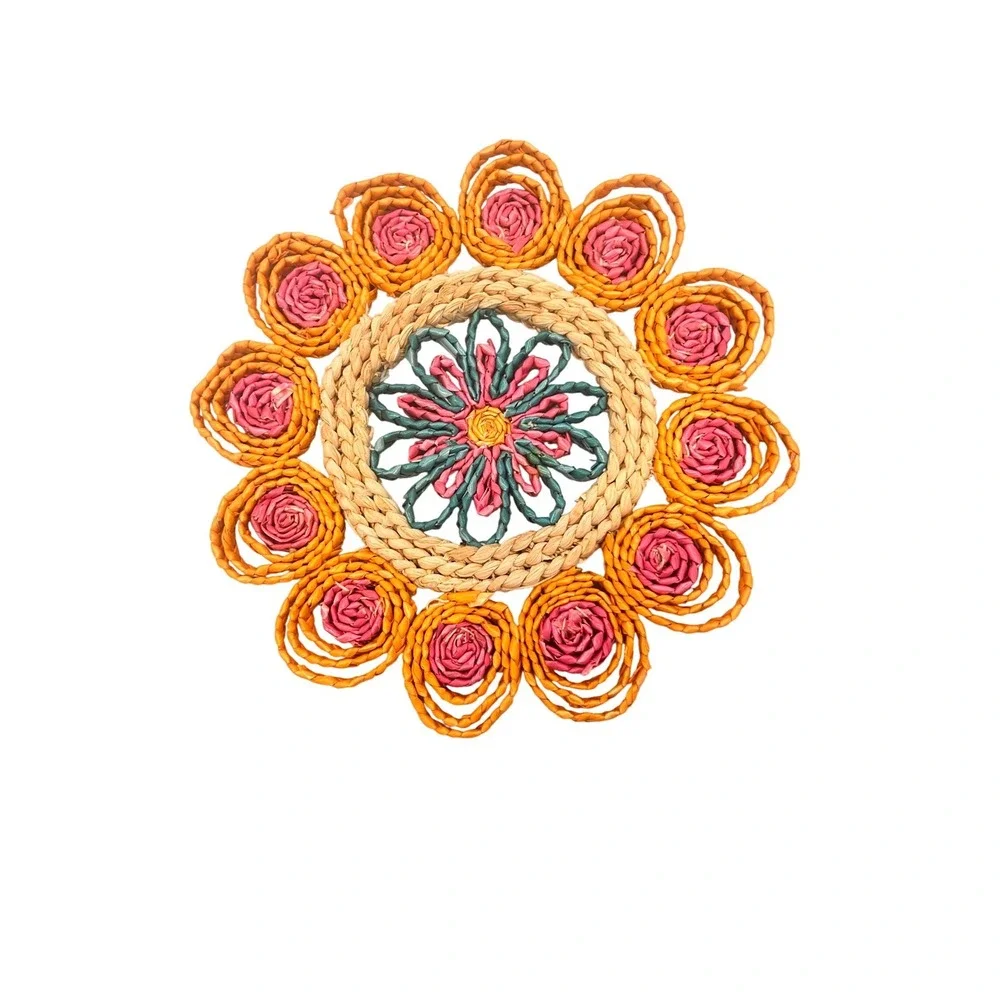Vintage Woven Raffia Trivets Set of 2 Boho Floral Sunburst Hot Pads Pink Orange